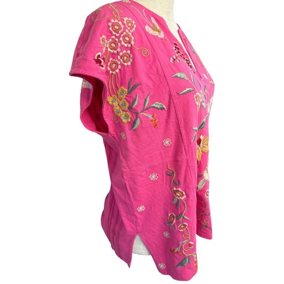 Johnny Was Pink Embroidered Floral Blouse Short Sleeve V-Neck M - Picture 3 of 9